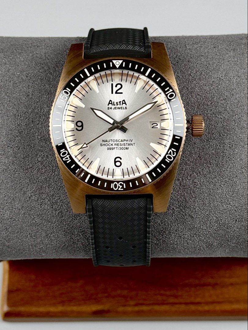 BNIB Alsta “Nautoscaph IV - Bronze - Silver” Automatic Diver (Category: Men's Watches) located in Quezon City. Submitted by fluxcapacitorjp (Listing ID 1460273823, Image 2). Description: BNIB Alsta “Nautoscaph IV - Bronze - Silver” Automatic Diver *Alsta is an American watch manufacturer founded in year 1946. - Brand new. - Complete set. - 40mm case diameter. - Sapphire crystal with AR coating. - Black ceramic bezel insert. - CuSn8 marine grade, 
