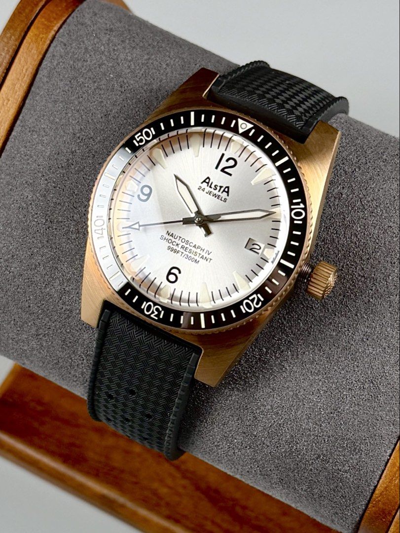 BNIB Alsta “Nautoscaph IV - Bronze - Silver” Automatic Diver (Category: Men's Watches) located in Quezon City. Submitted by fluxcapacitorjp (Listing ID 1460273823, Image 3). Description: BNIB Alsta “Nautoscaph IV - Bronze - Silver” Automatic Diver *Alsta is an American watch manufacturer founded in year 1946. - Brand new. - Complete set. - 40mm case diameter. - Sapphire crystal with AR coating. - Black ceramic bezel insert. - CuSn8 marine grade, 