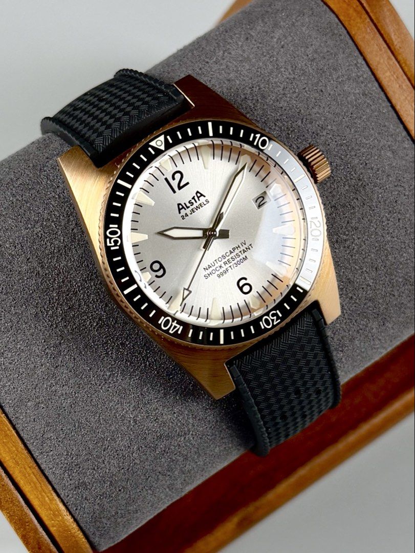 BNIB Alsta “Nautoscaph IV - Bronze - Silver” Automatic Diver (Category: Men's Watches) located in Quezon City. Submitted by fluxcapacitorjp (Listing ID 1460273823, Image 1). Description: BNIB Alsta “Nautoscaph IV - Bronze - Silver” Automatic Diver *Alsta is an American watch manufacturer founded in year 1946. - Brand new. - Complete set. - 40mm case diameter. - Sapphire crystal with AR coating. - Black ceramic bezel insert. - CuSn8 marine grade, 