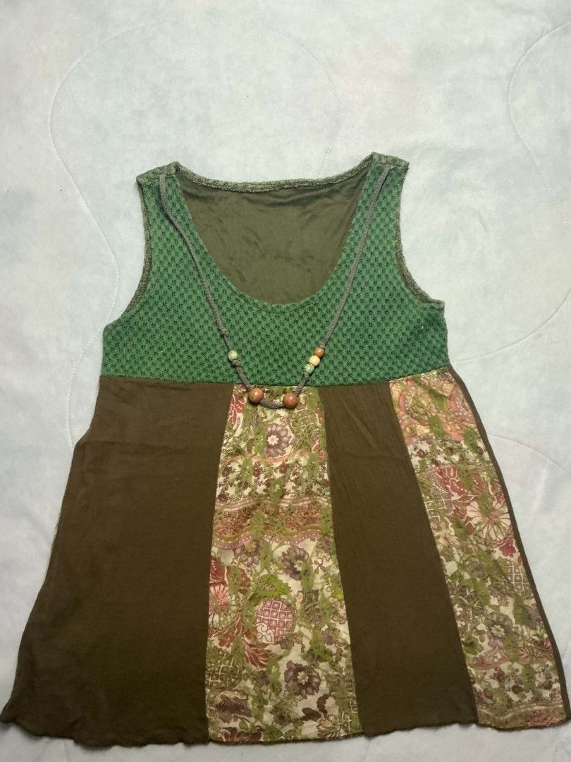 Boho Patchwork Tank Top with Beaded Necklace (Category: Sleeveless) located in Binan City. Submitted by myks_thrift (Listing ID 1460161325, Image 1). Description: - Unique boho green patchwork tank top - Textured green yoke - Patterned fabric panel at hem - Comes with a beaded necklace - Great for layering or wearing on its own.