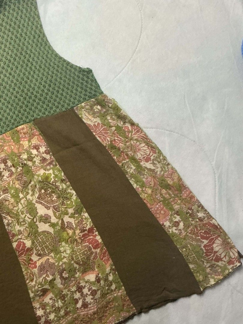 Boho Patchwork Tank Top with Beaded Necklace (Category: Sleeveless) located in Binan City. Submitted by myks_thrift (Listing ID 1460161325, Image 2). Description: - Unique boho green patchwork tank top - Textured green yoke - Patterned fabric panel at hem - Comes with a beaded necklace - Great for layering or wearing on its own.