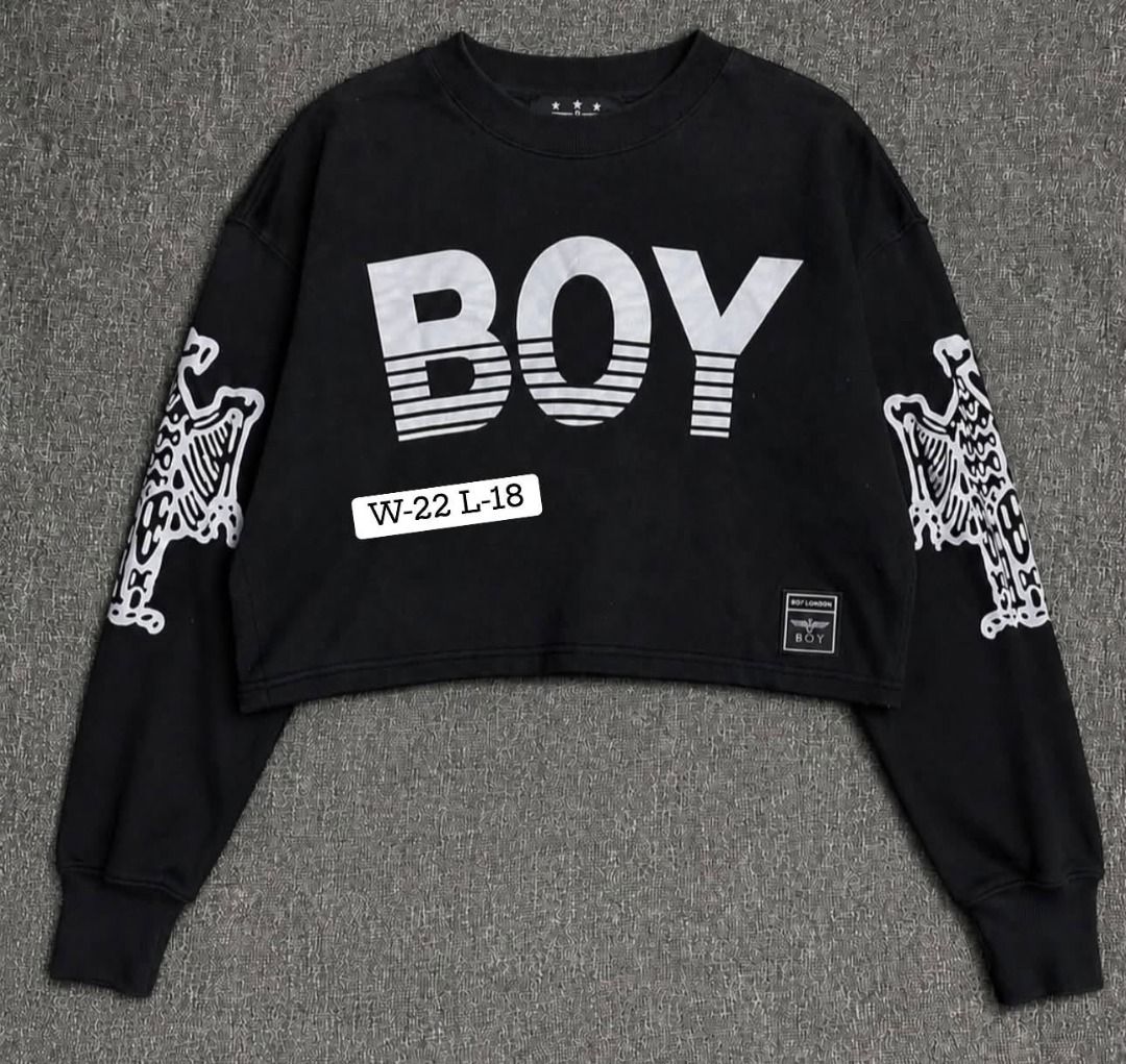Boy London black cropped sweatshirt (Category: Coats, Jackets and Outerwear) located in Manila. Submitted by thriftedbykab (Listing ID 1460297462, Image 1). Description: ⚙️Size : Medium 💎Condition: 10/10 🚨Color Rate: 10/10 🧨Issue: No ₱350.