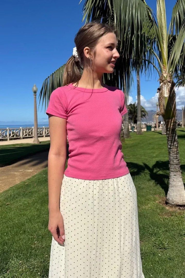 Brandy Melville Pink Hailie basic top (Category: Shirts) located in Taguig. Submitted by aandco. (Listing ID 1460224089, Image 1). Description: - worn once - bought in HK Brandy Melville - last price - BGC area.