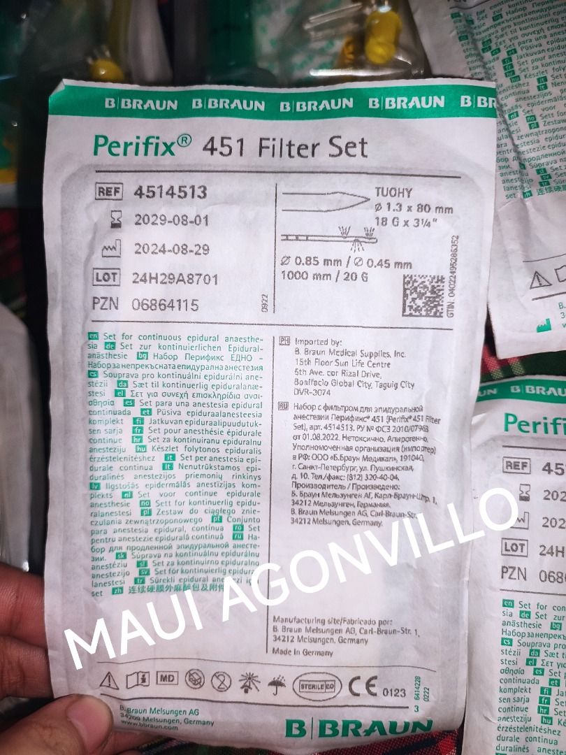 Braun Perifix 451 Filter Set and Epidural Kits (Category: Medical Supplies & Tools) located in Caloocan City. Submitted by anesinspire (Listing ID 1460259712, Image 3). Description: For sale po: B braun epidural catheter epid set Perifix 451 filter set g18 100% original 1k each 13k if take all Take all 15 Pcs, 13k na lang + 1 free portex epid cath Matagal pa po expiration Pwede din tingi below SRP Loc Caloocan.