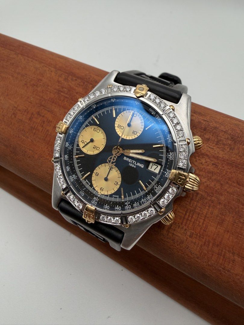 Breitling Chronomat Two Tone Natural Diamond Bezel Automatic (Category: Luxury Watches) located in Manila. Submitted by rj_authenticwatchesandmore (Listing ID 1435690096, Image 2). Description: Breitling Chronomat Two Tone 18k Gold Bezel Rider Tabs Full Natural Diamonds Bezel Reference model B13047 Case size 39mm Automatic Chronograph Recent service: - Movement serviced - New Original Breitling Glass with double AR Coating Inclusions: - watch, in