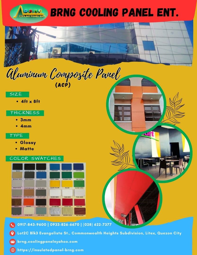 BRNG Aluminum Composite Panel (ACP) - Glossy/Matte (Category: Construction & Building Materials) located in Caloocan City. Submitted by epicowl-1ea4 (Listing ID 1460126509, Image 1). Description: - BRNG Cooling Panel Ent. Aluminum Composite Panels (ACP) - Standard Size: 4ft x 8ft - Available Thicknesses: 3mm and 4mm - Finishes: Glossy or Matte - Wide selection of colors (see swatches) - Perfect for various applications - Contact us for inquiries 