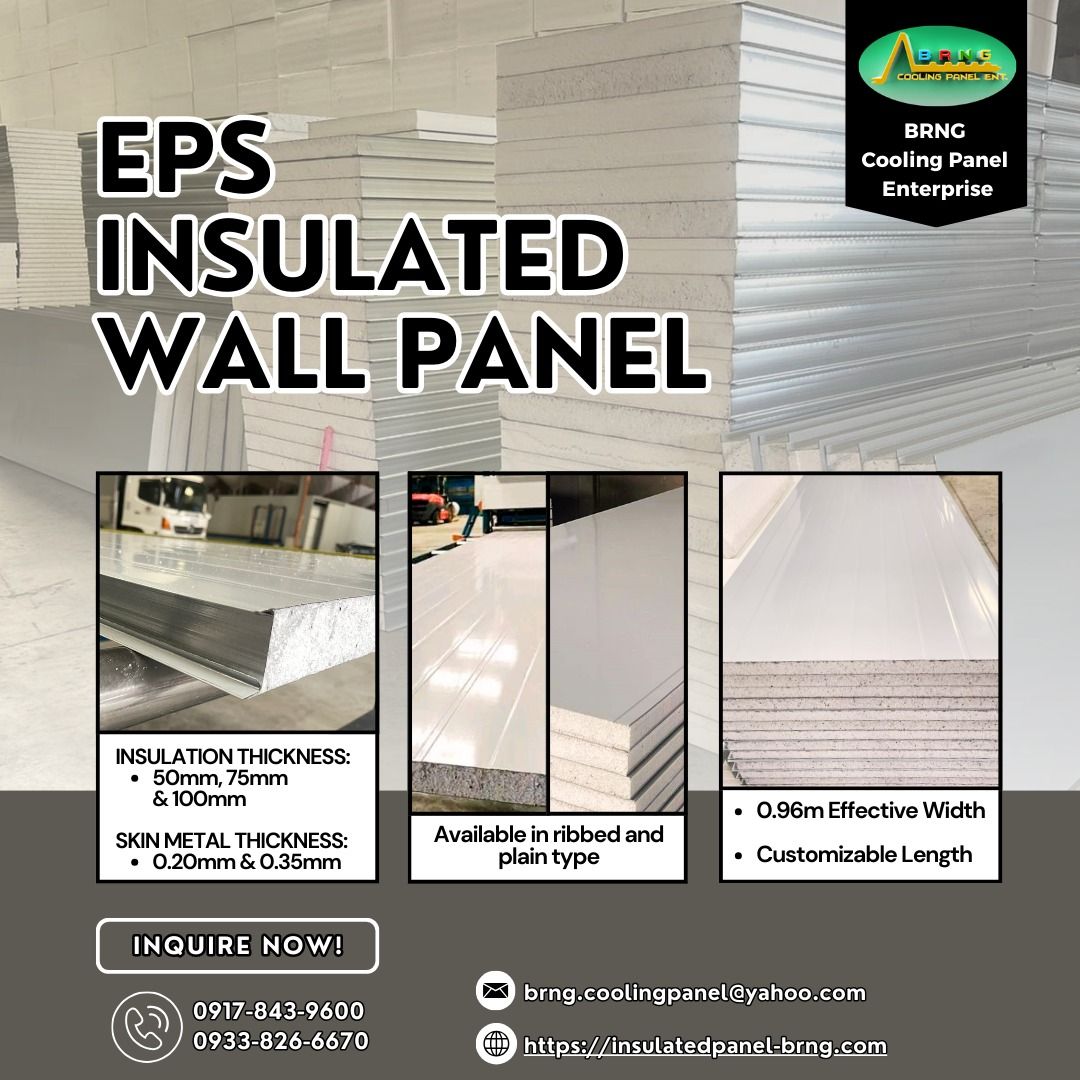 BRNG EPS Insulated Wall Panel - Ribbed & Plain Types (Category: Wall Decor) located in Caloocan City. Submitted by epicowl-1ea4 (Listing ID 1460117446, Image 1). Description: - High-quality EPS insulated wall panels from BRNG Cooling Panel Enterprise. - Available in Ribbed and Plain types. - Insulation Thickness Options: 50mm, 75mm, 100mm. - Skin Metal Thickness Options: 0.20mm, 0.35mm. - Effective Width: 0.96m. - Customizable Length. - Perfect f
