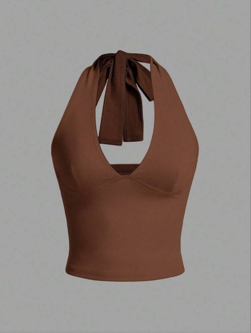 Brown Halter Neck Crop Top with Tie Back (Category: Sleeveless) located in Manila. Submitted by preloved.petitegirlie (Listing ID 1460147062, Image 1). Description: from shein ezwear.