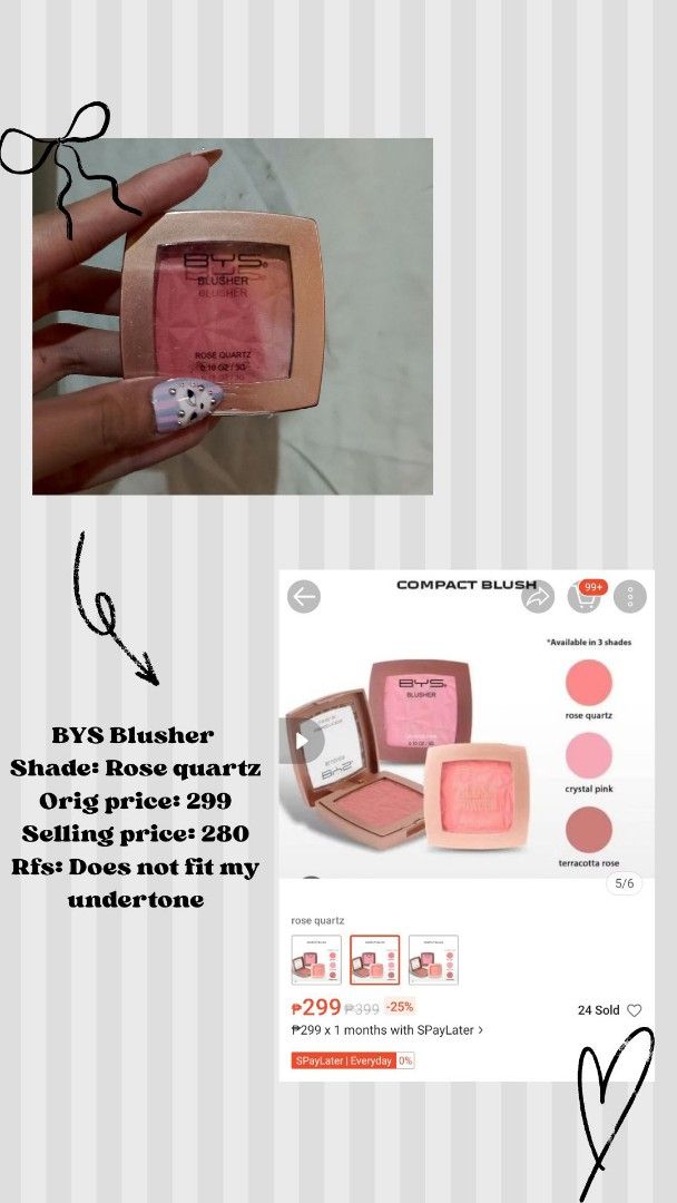BYS Blusher - Rose Quartz Shade (Category: Makeup) located in San Pablo. Submitted by kari_shuu (Listing ID 1460189041, Image 1). Description: Never been used & sealed! Lady owned 🌸 - BYS Blusher - Shade: Rose Quartz - Condition: New! - Original Price: P299 - Selling Price: P280 - Reason for Selling: Does not suit my undertone .