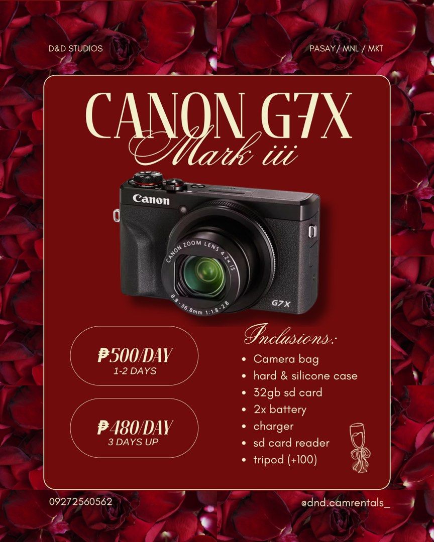 CANON G7X MARK III FOR RENT (Category: Camera Bags & Carriers) located in Pasay City. Submitted by luv.lexi (Listing ID 1460204042, Image 1). Description: FOR RENT You can message me here or messenger @Alexandra Frier.
