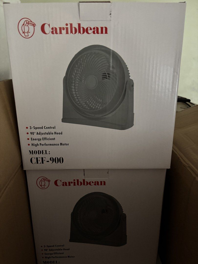 Caribbean CEF-900 Box Fan (Category: Fans) located in Makati City. Submitted by hansher (Listing ID 1460145922, Image 2). Description: - Caribbean Box Fan, Model CEF-900 - 3-Speed Control - 90-Degree Adjustable Head - High-Performance, Energy-Efficient Motor - Ideal for keeping your space cool.