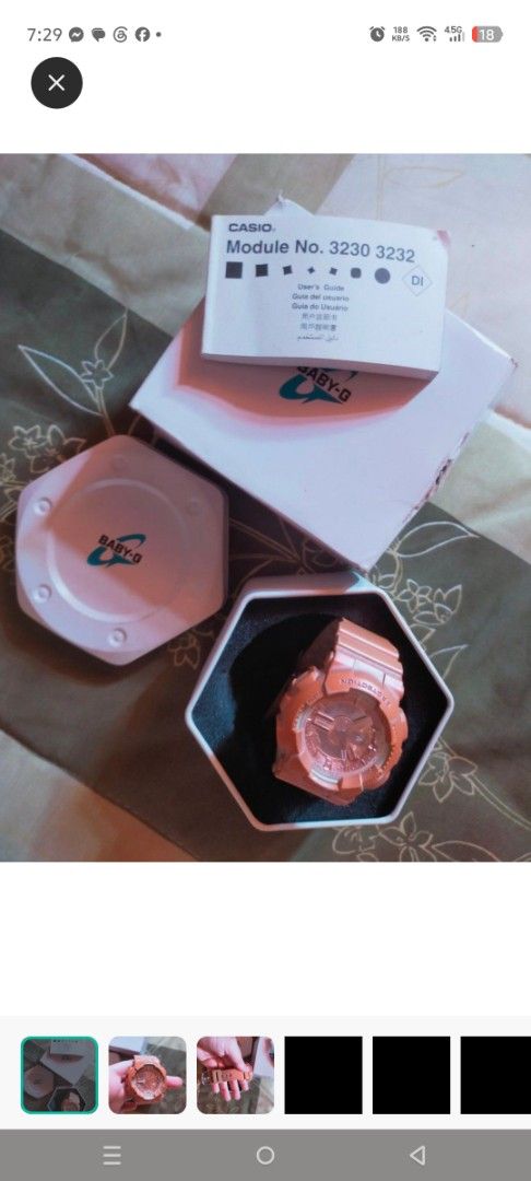 Casio Baby-G Watch and Rastaclats (Category: Women's Watches) located in Valenzuela. Submitted by emotika (Listing ID 1460296097, Image 1). Description: - Authentic rose gold Casio Baby-G watch - Includes original box and user manual - issue: faded parts - Bonus: Braided ponk and orange bracelet - Ideal for everyday wear.