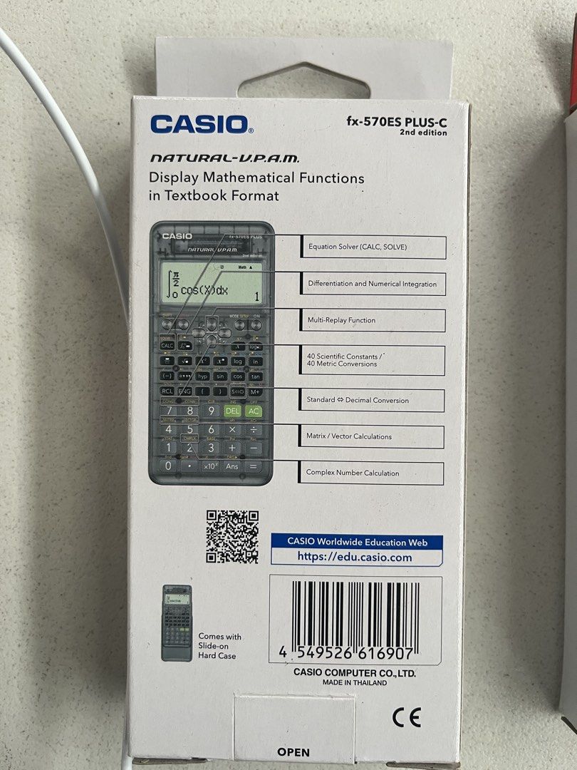 Casio fx-570ES PLUS-C 2nd Edition Scientific Calculator (Category: Stationery & School Supplies) located in Manila. Submitted by mishimoto (Listing ID 1460150748, Image 2). Description: - Casio fx-570ES PLUS-C 2nd Edition Scientific Calculator - Natural V.P.A.M. display for textbook-style math representation - 417 functions: equation solver, differentiation, complex numbers, and more - Comes with a protective slide-on hard case - Made in Thailand