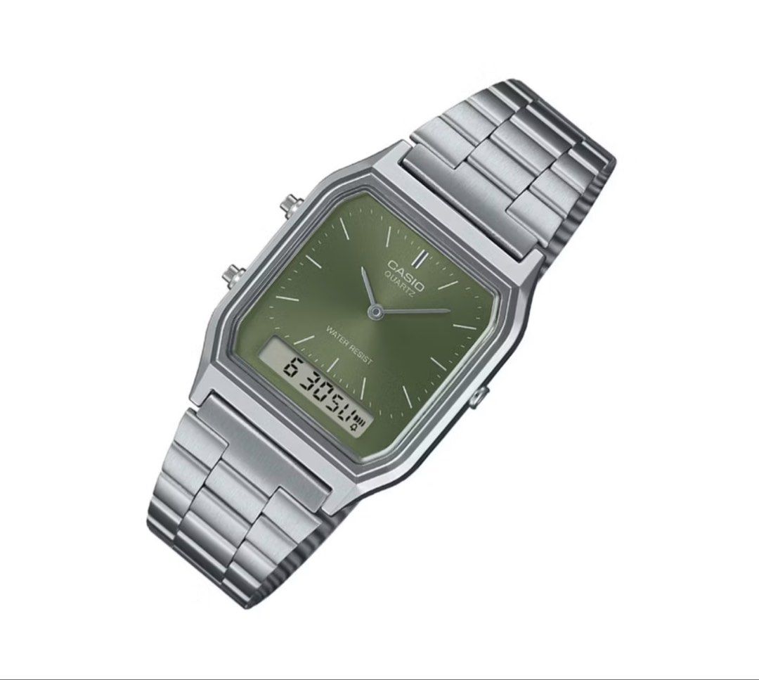 CASIO VINTAGE AQ-230A-9AMQY (Category: Men's Watches) located in Quezon City. Submitted by mayday.mnl (Listing ID 1460246267, Image 1). Description: The classic analog-digital combination dressed up in beautiful hues. Featuring a sunray dial for a colorfully elegant twist on a time-honored design. Water resistance for daily use and handy features like stopwatch, alarm, and more..
