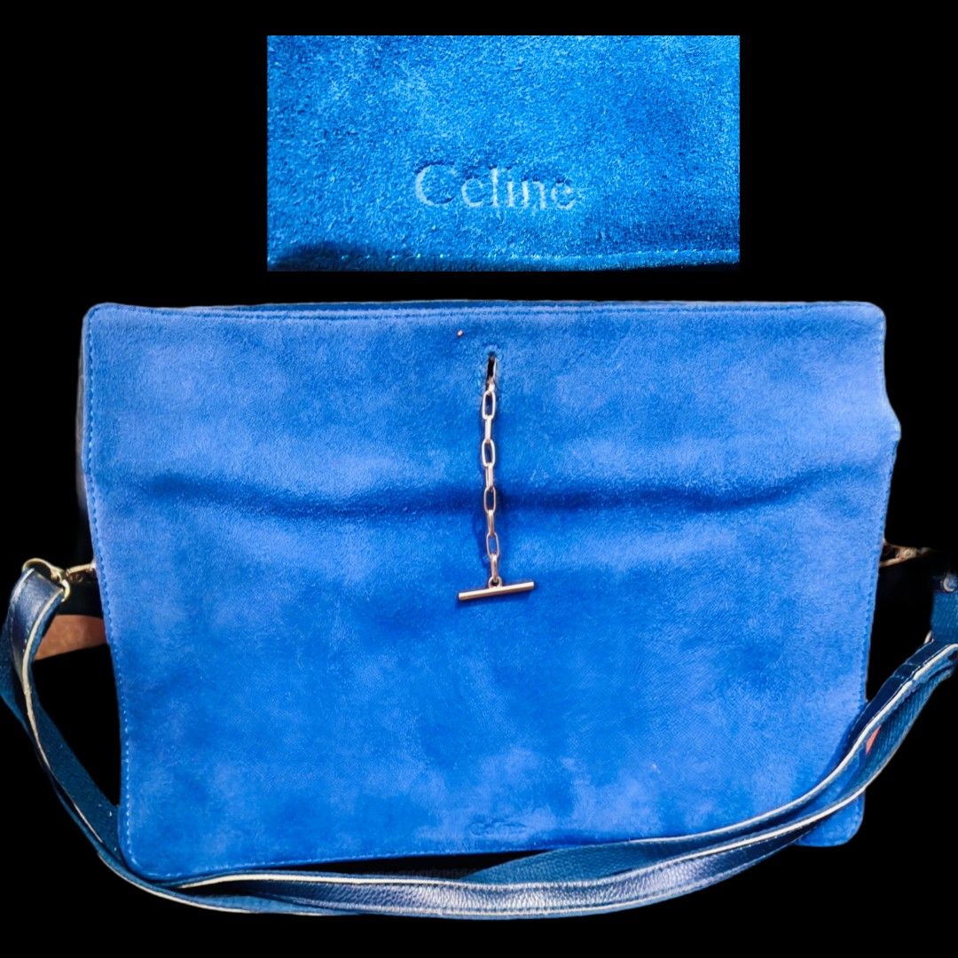 Celine vintage bag (Category: Luxury Bags & Wallets) located in Quezon City. Submitted by kt_exchange (Listing ID 1460266916, Image 1). Description: Celine bag ​Blue suede exterior, silvertone T-bar toggle closure, convertible detachable shoulder strap.