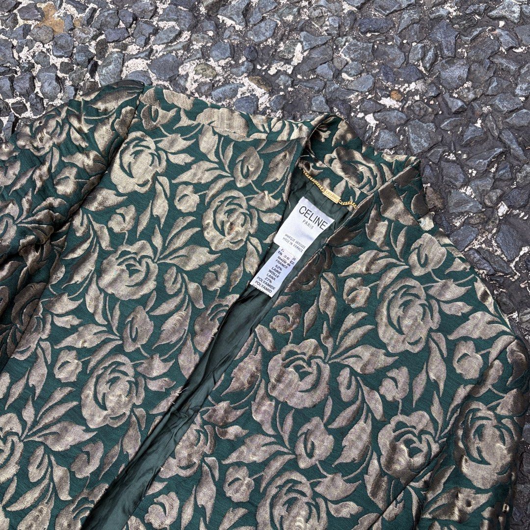 Celine Paris Gold Floral Jacket 90s (Category: Coats, Jackets and Outerwear) located in Manila. Submitted by stablesource (Listing ID 1460209110, Image 2). Description: Celine Paris Gold Floral Jacket 90s Size 36 Dimension: 17.5 Width 30.5 Length Missing One Button Runs Stitch Check Photo Kindly Check All Details Before Purchase🤝.