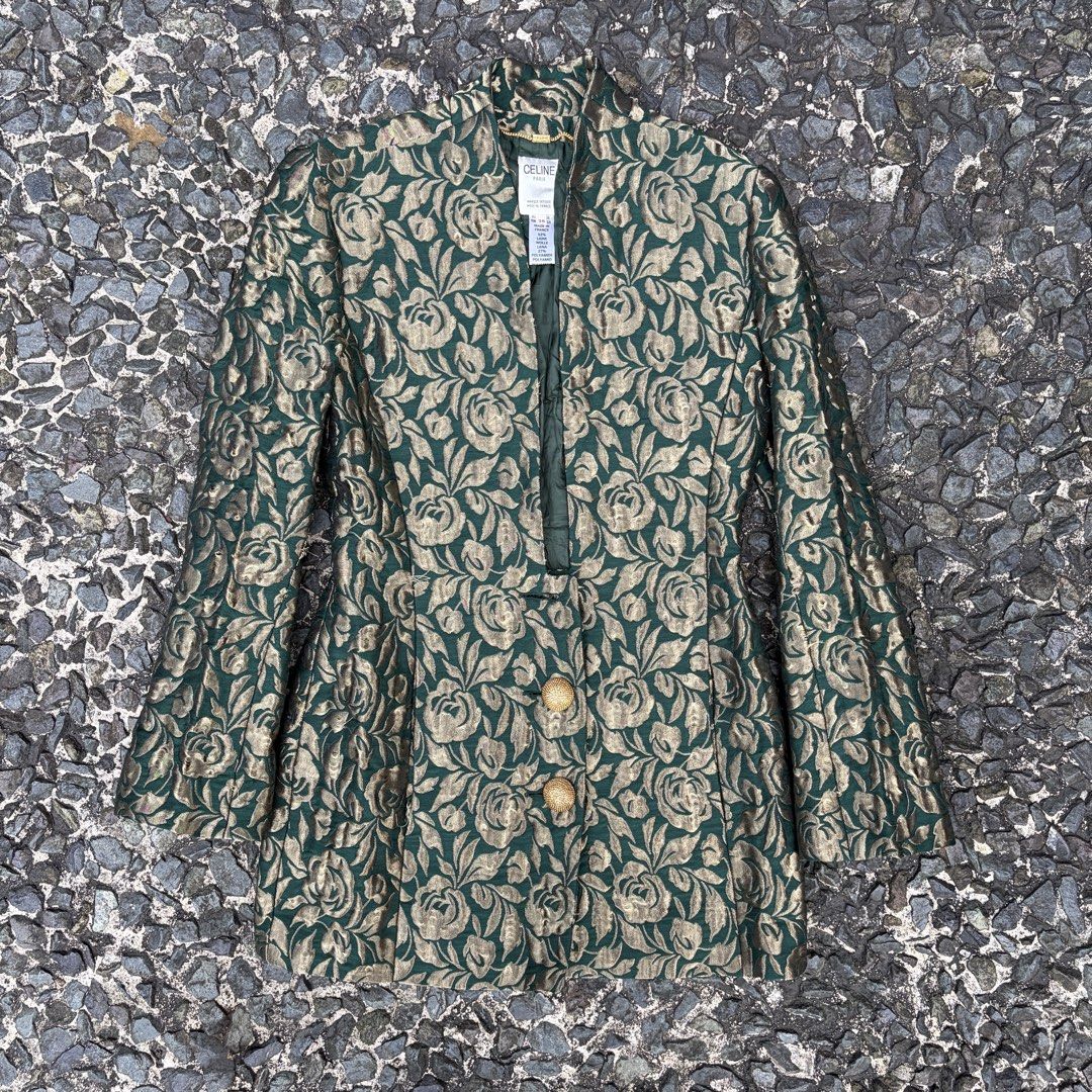 Celine Paris Gold Floral Jacket 90s (Category: Coats, Jackets and Outerwear) located in Manila. Submitted by stablesource (Listing ID 1460209110, Image 1). Description: Celine Paris Gold Floral Jacket 90s Size 36 Dimension: 17.5 Width 30.5 Length Missing One Button Runs Stitch Check Photo Kindly Check All Details Before Purchase🤝.