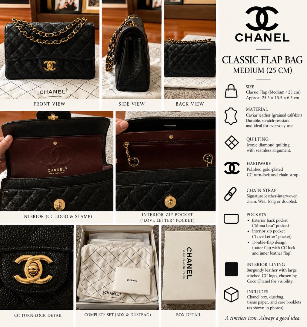 Chanel Classic Medium Double Flap Bag (Category: Luxury Bags & Wallets) located in Caloocan City. Submitted by ogoluxury (Listing ID 1460261846, Image 1). Description: Chanel Classic Medium Double Flap Bag in Black Caviar Leather with polished Gold Hardware. Store Bought. Never Been Used..