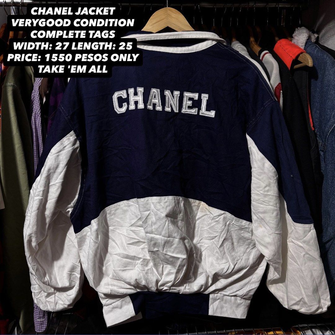 Chanel Jacket Navy Blue and White (Category: Luxury Apparel) located in Caloocan City. Submitted by bonsatocha43876 (Listing ID 1460252449, Image 1). Description: - Authentic Chanel Jacket - Complete Tags Included - Measurements: Width 27 inches, Length 25 inches - Price: PHP 1550.