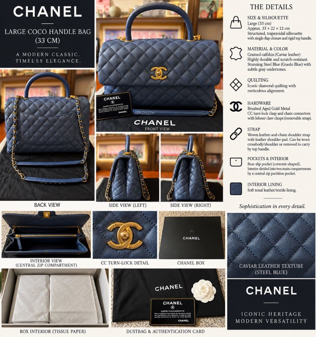 Chanel Large Coco Handle Bag (Category: Luxury Bags & Wallets) located in Caloocan City. Submitted by ogoluxury (Listing ID 1460259674, Image 1). Description: Original Chanel Large Flap Bag with Top Handle Guedo/Steel Blue Caviar Leather with brushed Aged Gold Hardware.