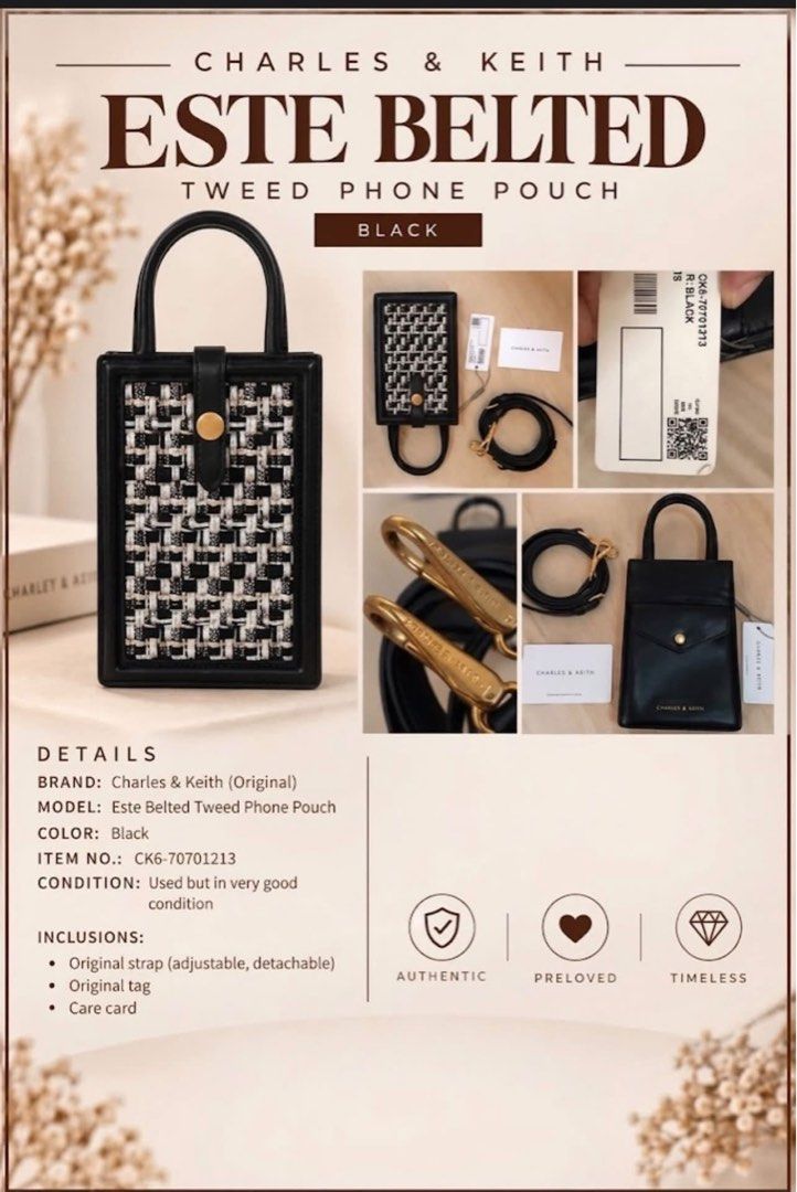 Charles & Keith Este Belted Tweed Phone Pouch Black (Category: Purses & Pouches) located in Hagunoy. Submitted by cladys (Listing ID 1460130136, Image 1). Description: - Charles & Keith Este Belted Tweed Phone Pouch - Color: Black - Chic tweed design with black leather trim - Includes original adjustable & detachable strap - Comes with original tag and care card - Ideal for keeping your phone handy and stylish.