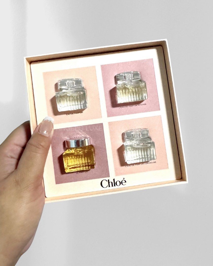Chloe Miniature Perfume Gift Set (Category: Fragrance & Deodorants) located in Pasig City. Submitted by lykaloves (Listing ID 1460304578, Image 1). Description: 𝐂𝐡𝐥𝐨é 𝐏𝐞𝐫𝐟𝐮𝐦𝐞 𝐌𝐢𝐧𝐢 𝐆𝐢𝐟𝐭 𝐒𝐞𝐭 SET INCLUDES: - Chloé Eau de Parfum Mini 0.16 oz. - Chloé Eau de Parfum Lumineuse Mini 0.16 oz. - Chloé Eau de Parfum Intense Mini 0.16 oz. - Chloé Le Parfum Mini 0.16 oz..