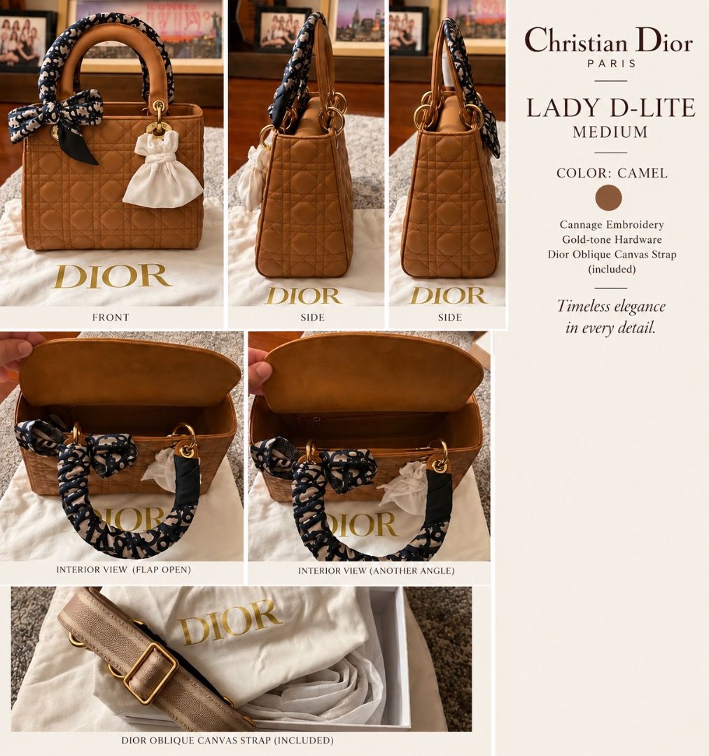 Christian Dior Lady D-Lite Medium Camel Cannage Bag (Category: Luxury Bags & Wallets) located in Caloocan City. Submitted by ogoluxury (Listing ID 1460262536, Image 1). Description: - Original Christian Dior Lady D-Lite Bag - Size: Medium - Color: Camel - Features: Signature Cannage embroidery - Hardware: Gold-tone - Includes: Dior Oblique canvas strap - Condition: Great for everyday use.
