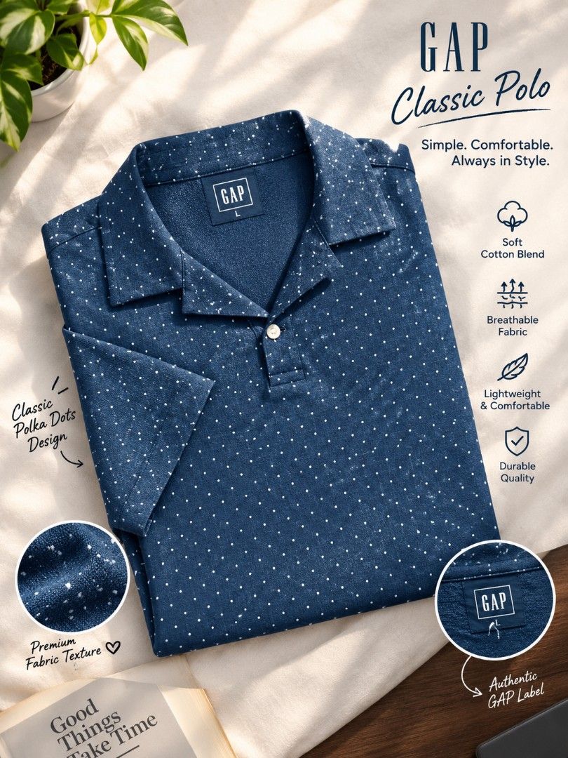 Classic GAP navy polo (Category: Formal Shirts) located in Manila. Submitted by goldenshark_f19e17 (Listing ID 1460140330, Image 1). Description: Classic navy blue color with white polka dots Collared polo design Short sleeves Button-front closure Soft and comfortable fabric Timeless GAP style Size: M.