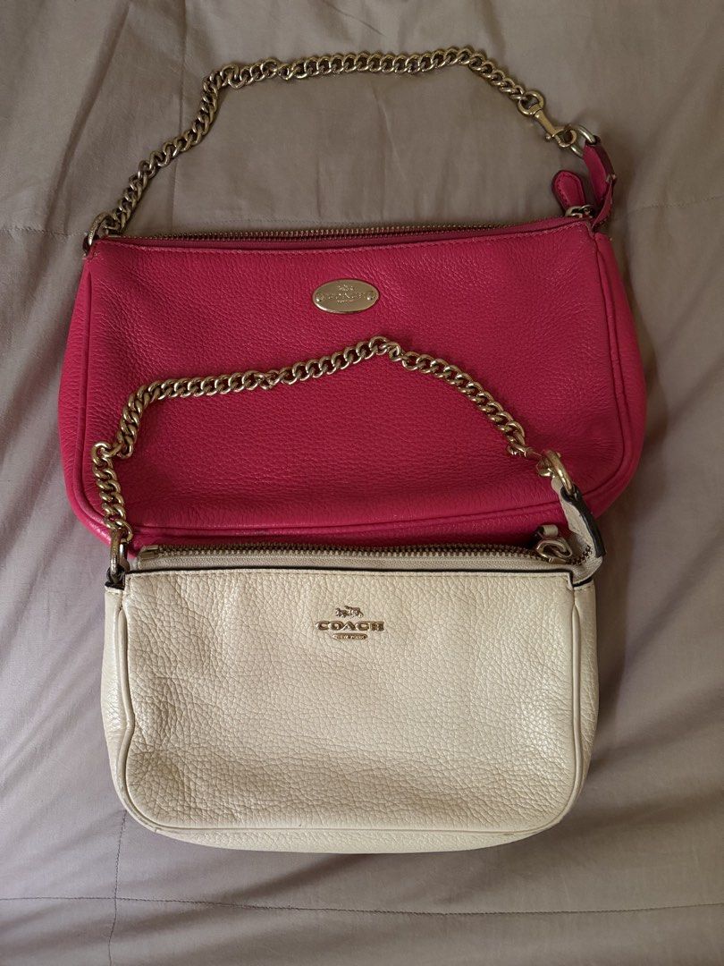 Coach Pink and Cream Leather Purses with Gold Chains (Category: Everything Else Others) located in Dumalag. Submitted by pili.ph (Listing ID 1460160343, Image 1). Description: - Two authentic Coach purses available. - Color options: Bright Pink and Cream. - Features elegant gold chain straps. - Both purses have a classic gold Coach emblem. - Ideal size for carrying your daily essentials..