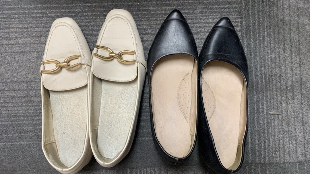 Cream Loafers & Black Pointed Heels (Category: Loafers) located in Manila. Submitted by bravemoon_2426 (Listing ID 1460113023, Image 1). Description: - Cream slip-on loafers with gold hardware and low block heel. - Black slip-on pointed-toe flats. - Versatile for work or casual outfits. - Cream loafers have minor scuffs; please check photos for condition..