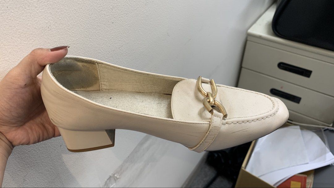 Cream Loafers & Black Pointed Heels (Category: Loafers) located in Manila. Submitted by bravemoon_2426 (Listing ID 1460113023, Image 3). Description: - Cream slip-on loafers with gold hardware and low block heel. - Black slip-on pointed-toe flats. - Versatile for work or casual outfits. - Cream loafers have minor scuffs; please check photos for condition..