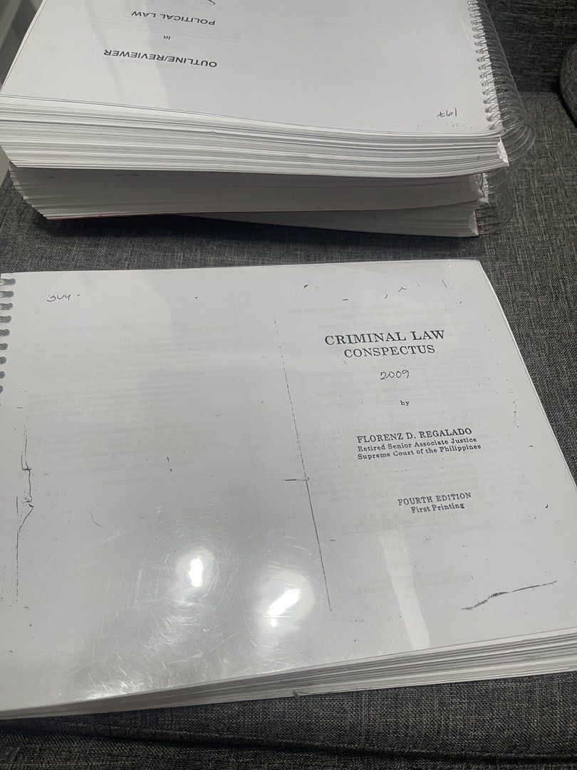 Criminal Law by Regalado (Category: Textbooks) located in Manila. Submitted by shanxx_ (Listing ID 1460270144, Image 1). Description: - Title: Criminal Law Conspectus - Author: Florencio D. Regalado (Retired Senior Associate Justice, Supreme Court of the Philippines) - Edition: Fourth Edition, First Printing - Year: 2009 - Type: Outline/Reviewer - Ideal for law students and bar exam preparation - Essential reference for Philippine Criminal Law.