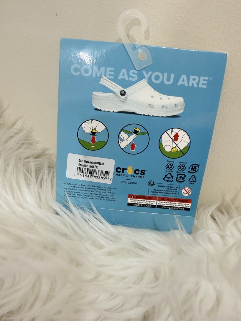 Crocs Jibbitz Charms - "I Love Crocs" Set (Category: Slippers and slides) located in Solano. Submitted by hayami. (Listing ID 1460138250, Image 2). Description: Set of 5 Jibbitz charms for Crocs. Includes "I ❤️ Crocs", chocolate bar, yoga mat, coffee cup, and mini Croc shoe. Personalize your Crocs easily..