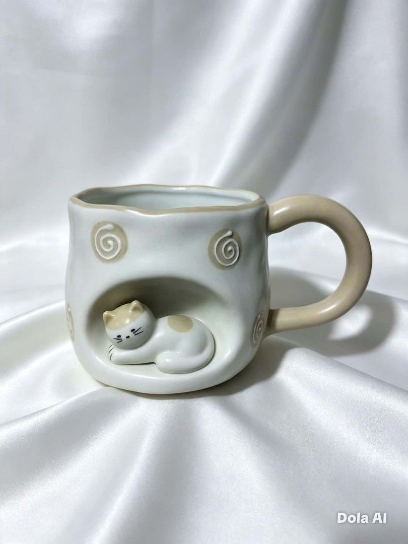 Cute Cat Ceramic Mug with Swirl Design (Category: Coffee & Tea Tableware) located in Manila. Submitted by marga. (Listing ID 1460292675, Image 1). Description: - Adorable ceramic mug with a unique sleeping cat cutout. - Light cream base with subtle beige swirl details on the rim. - Complementary beige handle. - Ideal for enjoying your morning coffee or tea. - Charming and unique design..