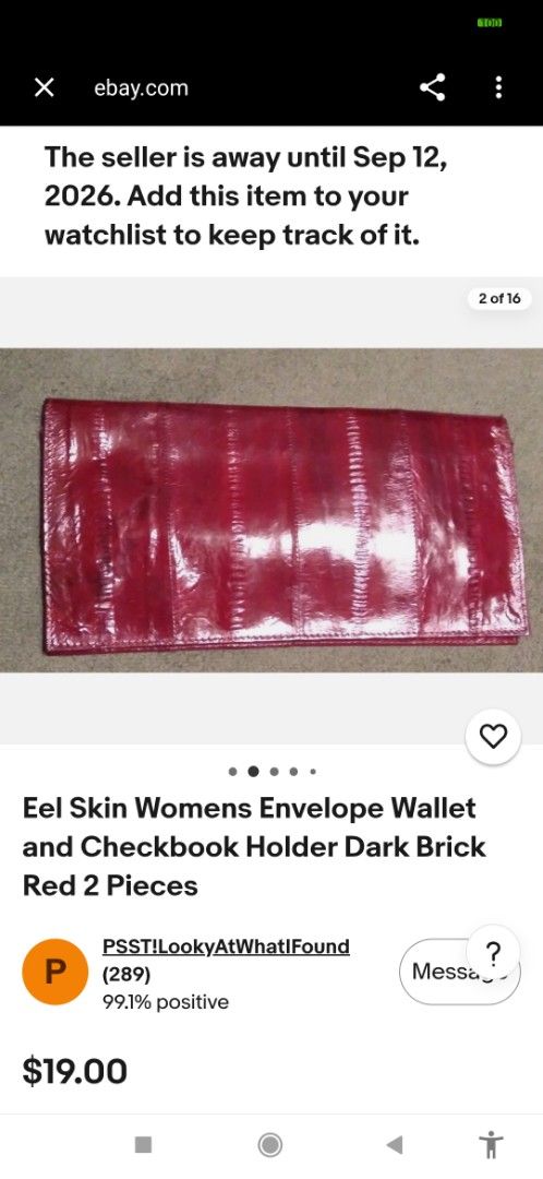 Dark Brick Red Eel Skin Envelope Wallet Checkbook Holder (Category: Wallets & Card holders) located in Imus. Submitted by ryanneakiko (Listing ID 1460159642, Image 3). Description: - Genuine eel skin in a rich dark brick red. - Stylish envelope design, also fits a checkbook. - Features multiple card slots for easy organization. - Includes a secure zippered compartment for coins or small items. - Unique, textured material adds a touch of luxury. -
