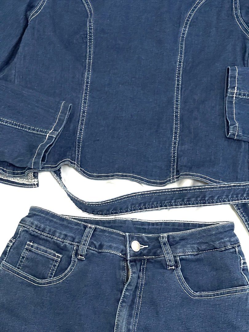 Denim Longsleeves Top and Skirt Set (Category: Sets or Coordinates) located in Makati City. Submitted by xxscg (Listing ID 1460187464, Image 2). Description: Denim Longsleeves Top and Skirt Set 💙 -used once only for shoot!! 10/10 condition like new ✨ - Long-sleeve crop top with tie-back closure size S on tag (but stretchy can fit up to size medium) swipe photos for ww!! - High-waisted mini skirt (super stretchy size 28 on tag) but can fit starti