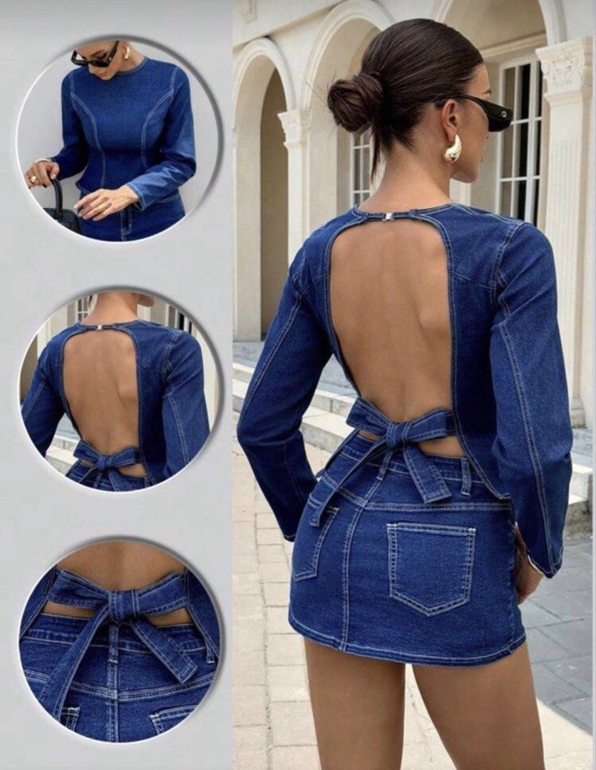 Denim Longsleeves Top and Skirt Set (Category: Sets or Coordinates) located in Makati City. Submitted by xxscg (Listing ID 1460187464, Image 3). Description: Denim Longsleeves Top and Skirt Set 💙 -used once only for shoot!! 10/10 condition like new ✨ - Long-sleeve crop top with tie-back closure size S on tag (but stretchy can fit up to size medium) swipe photos for ww!! - High-waisted mini skirt (super stretchy size 28 on tag) but can fit starti