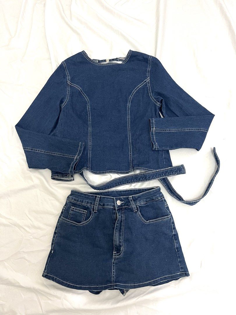 Denim Longsleeves Top and Skirt Set (Category: Sets or Coordinates) located in Makati City. Submitted by xxscg (Listing ID 1460187464, Image 1). Description: Denim Longsleeves Top and Skirt Set 💙 -used once only for shoot!! 10/10 condition like new ✨ - Long-sleeve crop top with tie-back closure size S on tag (but stretchy can fit up to size medium) swipe photos for ww!! - High-waisted mini skirt (super stretchy size 28 on tag) but can fit starti