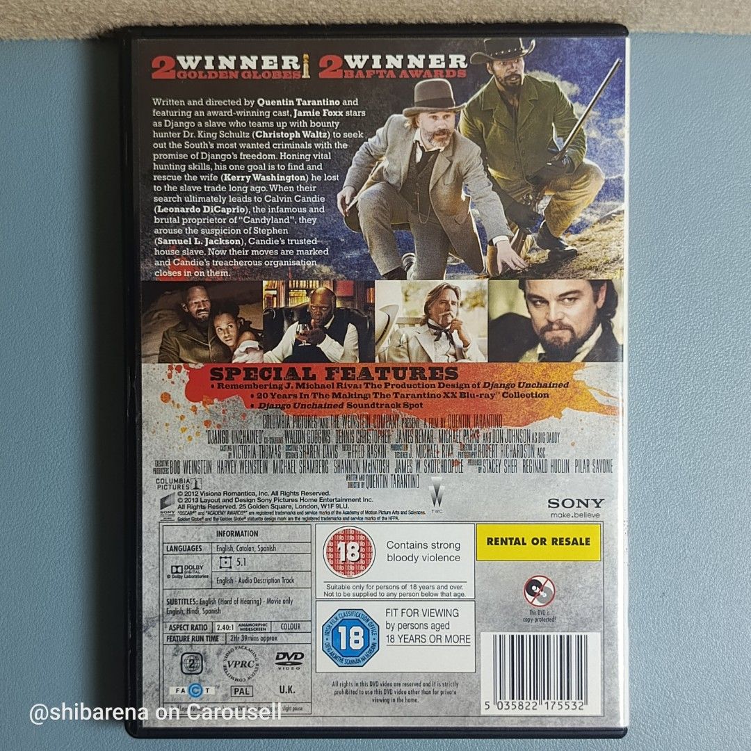 Django Unchained DVD - Region 2 PAL (Category: CDs & DVDs) located in Cebu City. Submitted by shibarena (Listing ID 1460219828, Image 2). Description: - Quentin Tarantino's Django Unchained on DVD - Region 2 PAL (Pre-owned) - Starring Jamie Foxx, Christoph Waltz, Leonardo DiCaprio, Kerry Washington - Ideal for fans of Westerns and Quentin Tarantino films ⚠️ Please ensure your DVD player supports Region 2 (PAL) before purchase..