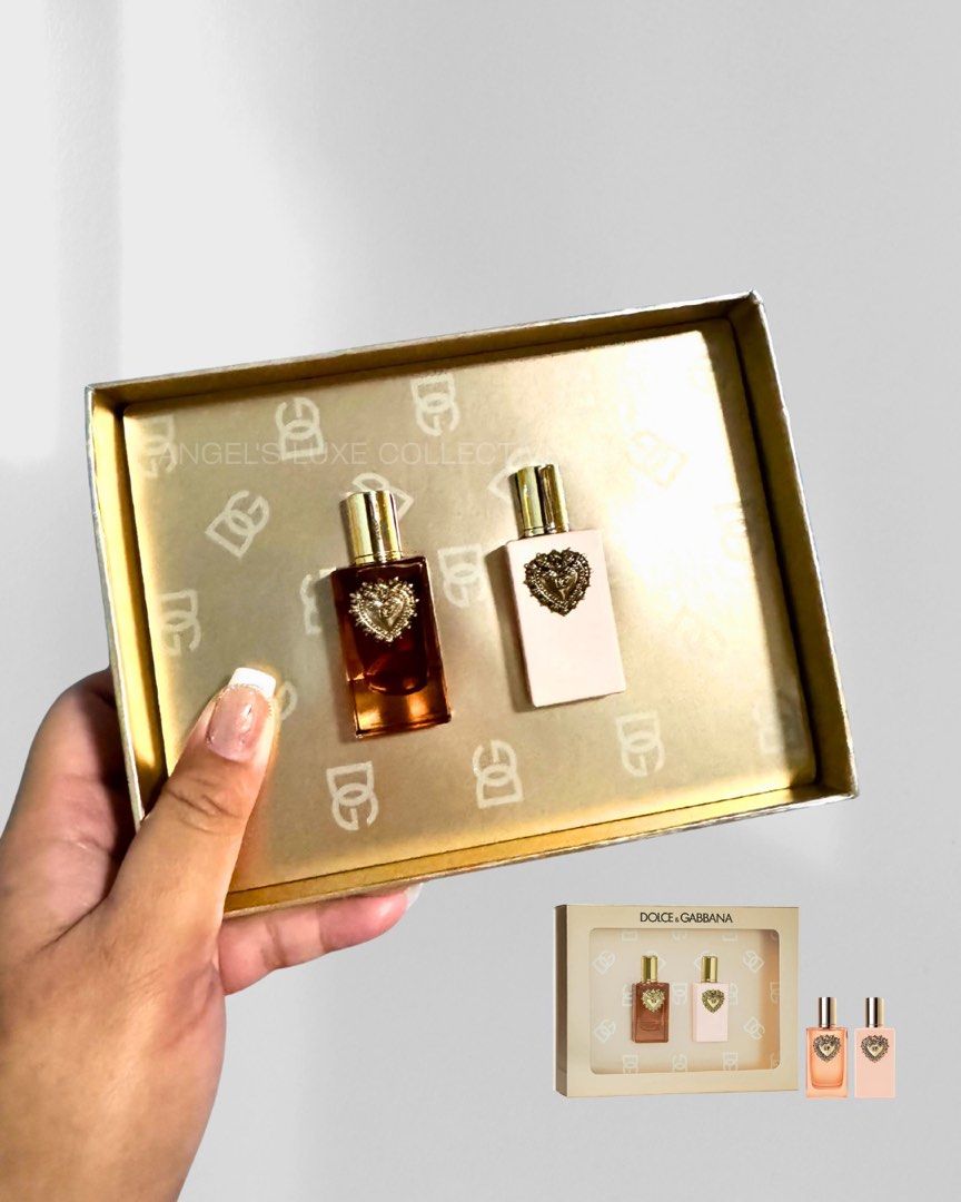 Dolce & Gabbana D&G Mini Devotion Duo Perfume Gift Set (Category: Fragrance & Deodorants) located in Pasig City. Submitted by lykaloves (Listing ID 1460303087, Image 1). Description: 𝐃𝐨𝐥𝐜𝐞 & 𝐆𝐚𝐛𝐛𝐚𝐧𝐚 𝐌𝐢𝐧𝐢 𝐃𝐞𝐯𝐨𝐭𝐢𝐨𝐧 𝐃𝐮𝐨 𝐏𝐞𝐫𝐟𝐮𝐦𝐞 𝐆𝐢𝐟𝐭 𝐒𝐞𝐭 This Set Contains: - 0.16 oz/ 5 mL Dolce&Gabbana Devotion Eau de Parfum Intense - 0.16 oz/ 5 mL Dolce&Gabbana My Devotion Eau de Parfum Intense.
