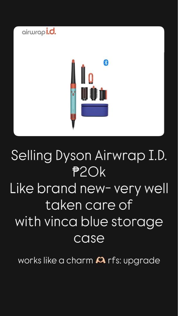 Dyson Airwrap ID Ceramic Patina/Topaz (Category: Hair Accessories) located in Manila. Submitted by reggiesp (Listing ID 1460138912, Image 1). Description: Will send original photos in private msg so no one can grab :) LEGIT AND AUTHENTIC BOUGHT IN MOA. ₱20,000 fixed no discount ✅ with filter cleaning brush ✅barrel (conical and long) ✅brush (volumizing and smoothing) ✅flyaway smoother ✅ fast dryer ✅ storage case 📍 Gilmore tower, Quezon City Sf sh