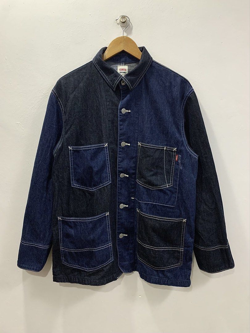 EDWIN JAPAN TWO-TONE DENIM CHORE JACKET (Category: Coats, Jackets and Outerwear) located in Cavite. Submitted by ___layern0ne (Listing ID 1460238788, Image 1). Description: About the product: • Type: Denim Chore Jacket / Work Jacket (characterized by its multi-pocket utility layout and flat-hem casual overshirt styling) • Design Feature: The jacket is unique for using contrasting dark indigo and raw black/deep blue denim panels across the body, s
