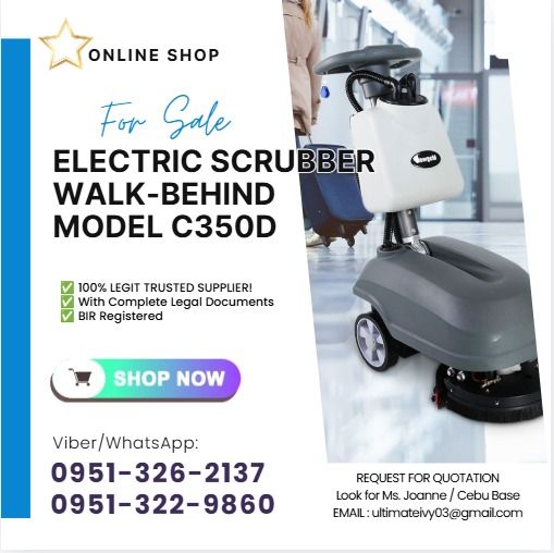 Electric Scrubber Walk-behind Model C350D (Category: Home Improvement Tools & Accessories) located in Caloocan City. Submitted by clevertiger-b8cb (Listing ID 1460160426, Image 1). Description: Working width : 350mm Squeegee Width : 420mm Cleaning efficiency : 1200 Max forward speed : 4.5km/h Brush presure : 22kg Brush RPM : 175 Solution tank : 13L Recovery tank : 15L Brush motor power : 400W Suction motor power : 400W Voltage : DC 2*12V/32Ah Wor