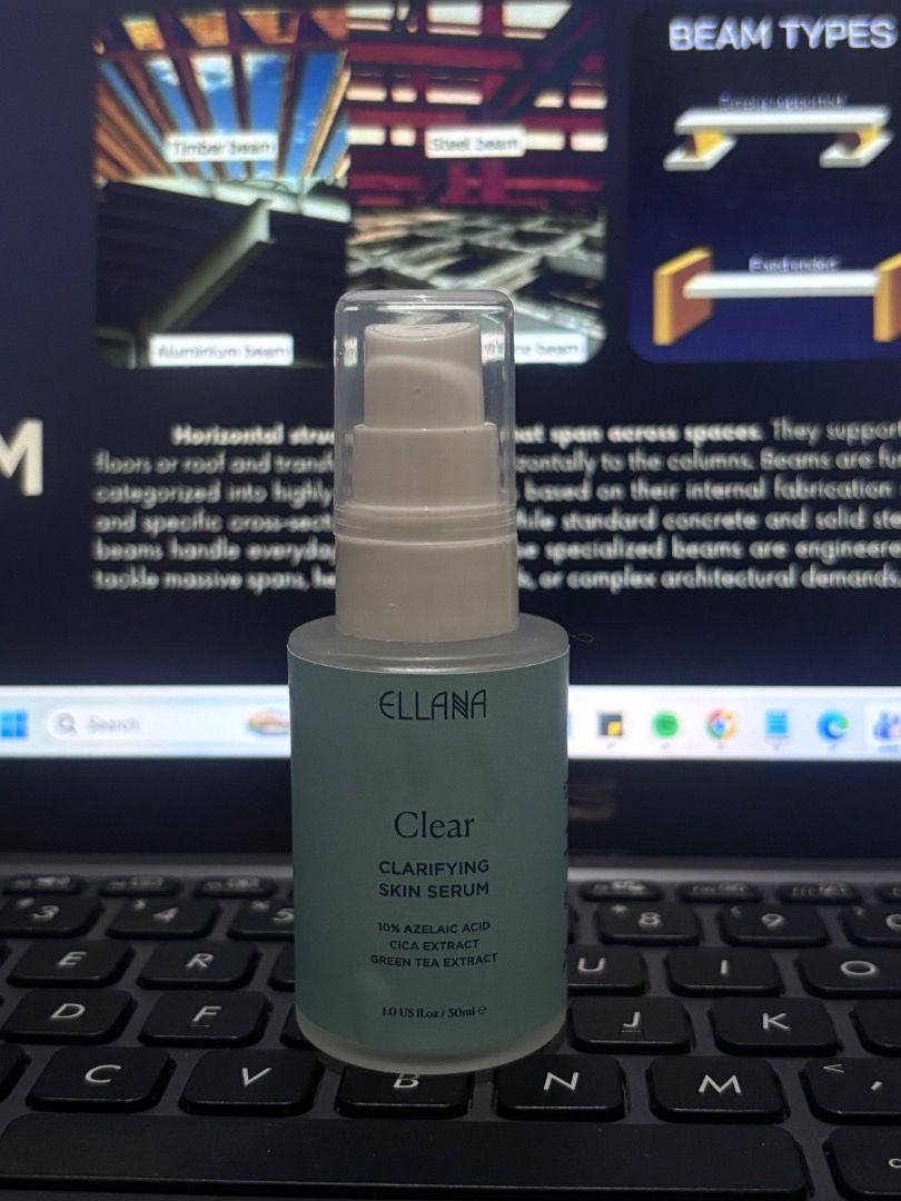 ELLANA Clear Clarifying Skin Serum (Category: Face Care) located in Binan City. Submitted by sonnycole (Listing ID 1460194379, Image 2). Description: ELLANA Clear Clarifying Skin Serum. Contains 10% Azelaic Acid, Cica Extract, and Green Tea Extract. 50ml bottle. Used twice for video Selling Price: 179.00 Original Price: 300.00.