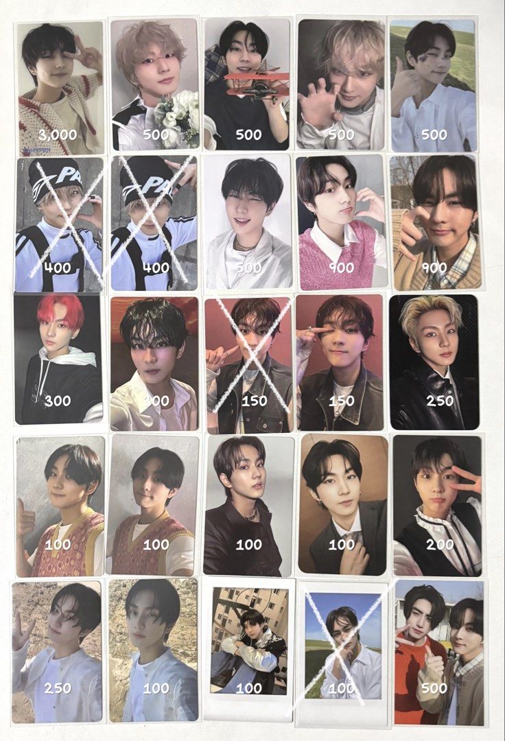 ENHYPEN Jungwon Photocards - Various Prices (Category: K-Wave Merchandise) located in Manila. Submitted by siomairice07 (Listing ID 1460209115, Image 1). Description: - ENHYPEN Jungwon photocards available. - Prices are listed on each photocard. - Sold out items are marked with an 'X'. - Can provide photos or videos for detailed condition. - DM for inquiries or to purchase. - Shipment via J&T or SDD.