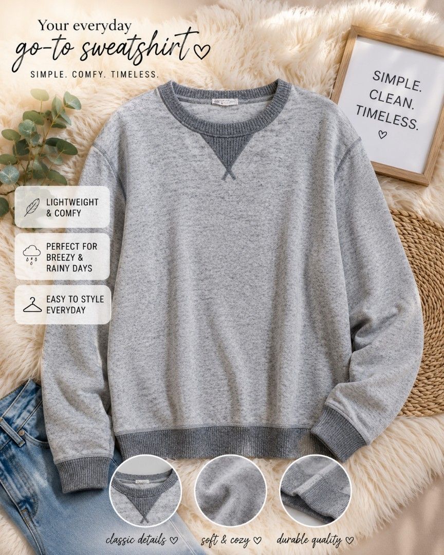Everyday Go-To Lightweight & Comfy Sweatshirt (Category: Longsleeves) located in Manila. Submitted by momofunodos (Listing ID 1460200010, Image 1). Description: - Your new favorite everyday sweatshirt - Lightweight and comfy, perfect for breezy or rainy days - Super easy to style for any occasion - Features classic details - Made with soft and cozy material - Durable quality - Simple, comfy, and timeless design - A must-have for your wardrobe!.