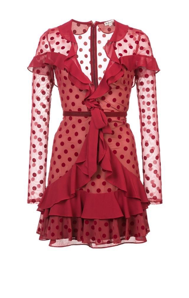 For Love & Lemons Red Dotty Ruffled Mini Dress (Category: Dresses) located in Cebu City. Submitted by stylingtrends.coll (Listing ID 1460110585, Image 1). Description: - Red polka dot dress - Sheer sleeves with polka dots - Ruffle details on neckline and hem - Includes velvet tie belt - Back zipper closure Size: Small.