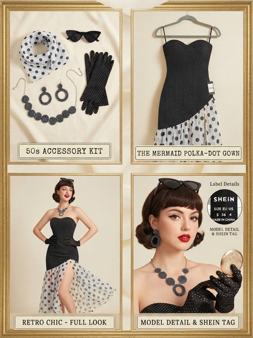 For rent * Retro Chic Polka dots outfit Small (Category: Evening dresses & gowns) located in Cavite. Submitted by wishie_collects (Listing ID 1460176476, Image 1). Description: For rent only Never been used Here is a simple description of the dress: * Style: A strapless, sweetheart-neckline mermaid gown featuring a striking contrast of black-and-white polka dots. * Design Details: The bodice is fitted snugly in a classic black fabric with white p
