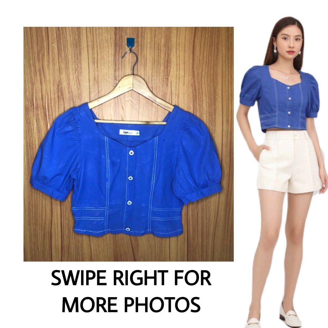 Front-Button Crop Top Color: Cornflower Blue Fitting: S-M (Category: Shirts) located in Baguio. Submitted by shrlnjy (Listing ID 1460299343, Image 1). Description: Fashion Tops/Blouses from Bale Front-Button Crop Top Color: Cornflower Blue Fitting: S-M (Lighter in Actual) P300 Mannequin Reference: Bust: 30" Shoulder 12.5" Waist 24" Note: Color may differ from the actual due to phone's lighting settings..