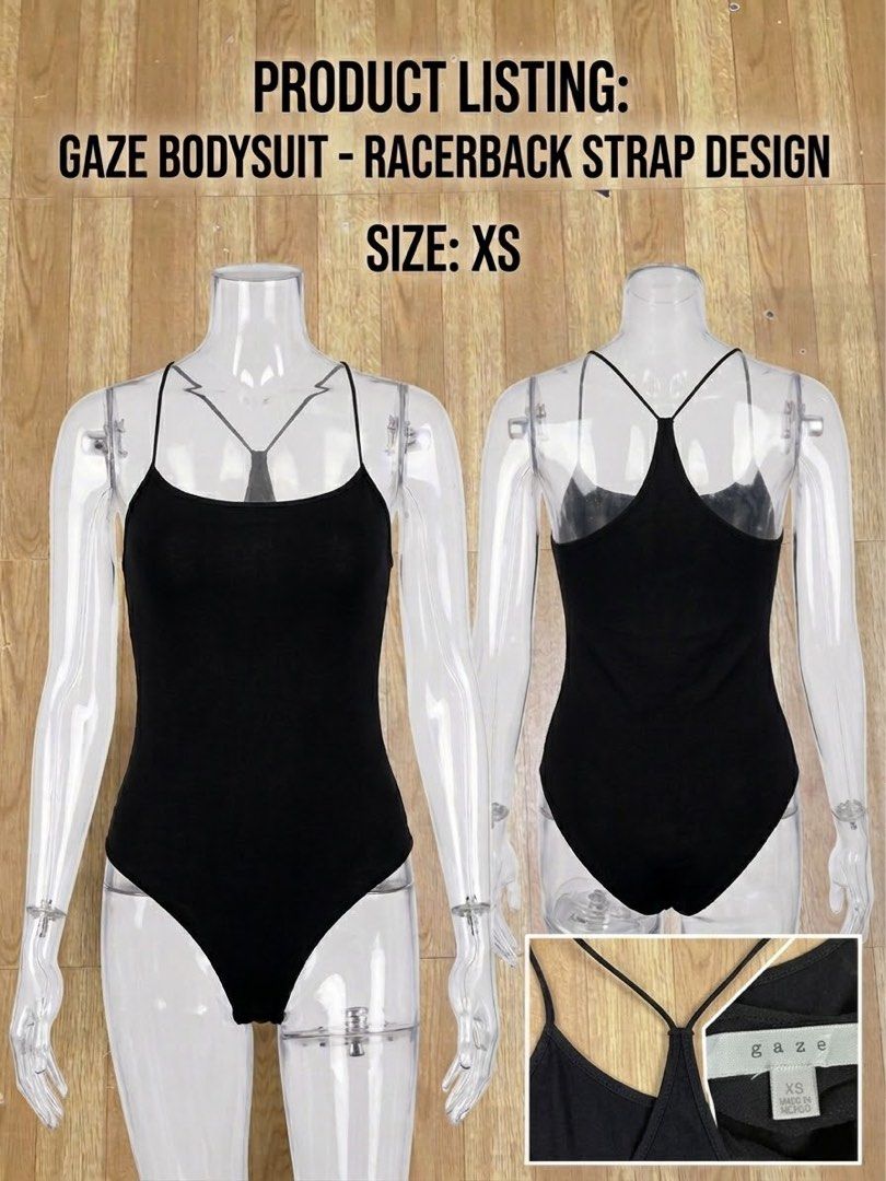 GAZE Thin String Racerback Body Suit Description: (Category: Others Tops) located in Bacoor. Submitted by gailscollections (Listing ID 1460214947, Image 1). Description: Body Suit Brand: GAZE Design: Racerback Strap Type: Thin String Sleeve Type: Sleeveless Material: Stretchy fabric blend Color: Black Occasion: Active, casual, layering.